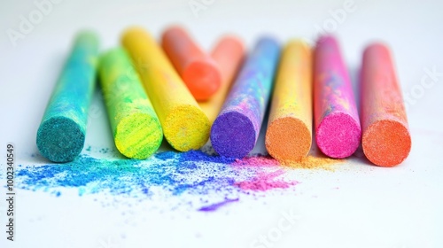 Close-up of brightly colored chalk sticks on a white background, dust lightly scattered around them, symbolizing playful creativity.