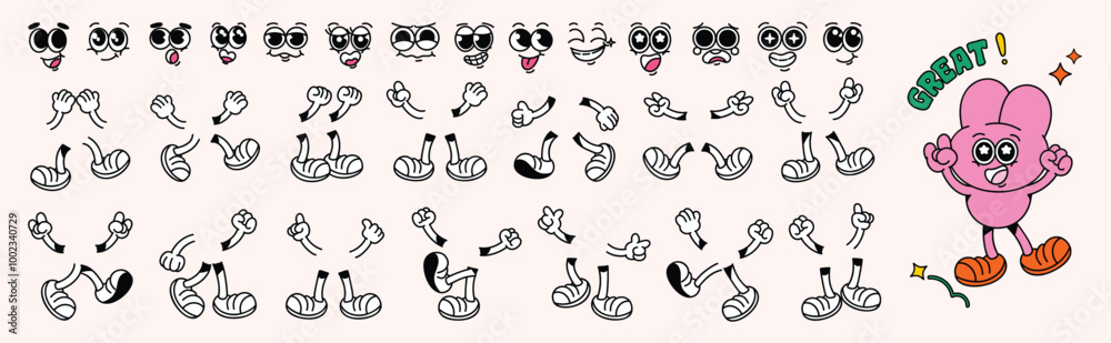 Obraz premium Set of 70s groovy comic faces vector. Collection of cartoon character faces, leg, hand in different emotions happy, angry, sad, cheerful. Cute retro groovy hippie illustration for decorative, sticker.