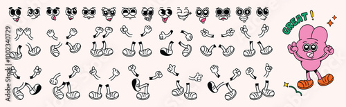 Set of 70s groovy comic faces vector. Collection of cartoon character faces, leg, hand in different emotions happy, angry, sad, cheerful. Cute retro groovy hippie illustration for decorative, sticker.