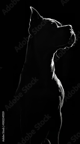 A striking silhouette of a Cane Corso dog is captured in black and white, backlit to create a dramatic effect photo