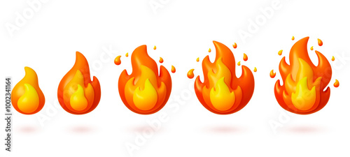 3d fire flames. Fires flares up step by step. Gas power symbols, lights campfire icons different size. Isolated render cartoon pithy vector elements