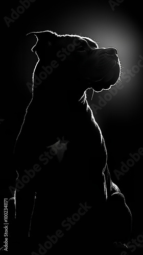 A striking silhouette of a Cane Corso dog is captured in black and white, backlit to create a dramatic effect