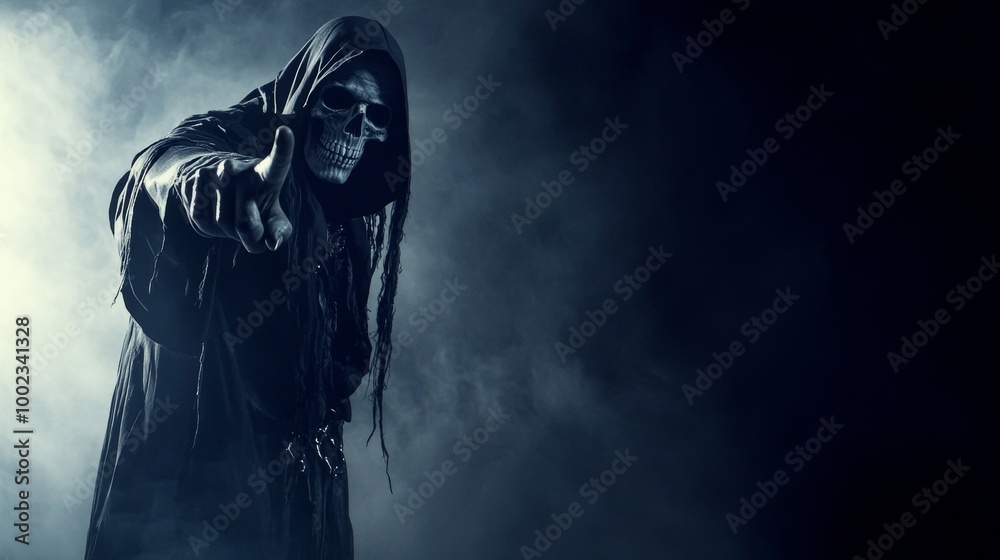 Grim Reaper in the Mist: Emphasizes the ghostly figure of the Grim Reaper in a foggy atmosphere. Grim Reaper in the Mist: Emphasizes the ghostly figure of the Grim Reaper in a foggy atmosphere.