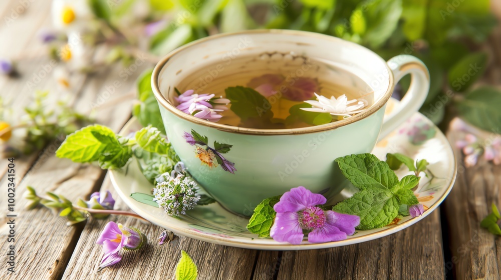 A cup of herbal tea with flowers and mint on a wooden table. A cup of herbal tea with flowers and mint on a wooden table.