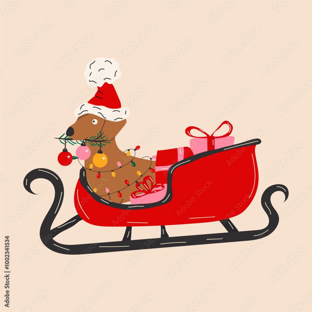 The dachshund rides in a sleigh with gifts. Merry Christmas The dachshund rides in a sleigh with gifts. Merry Christmas