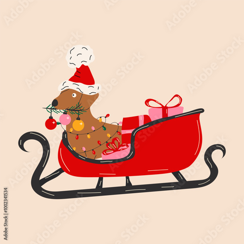 The dachshund rides in a sleigh with gifts. Merry Christmas