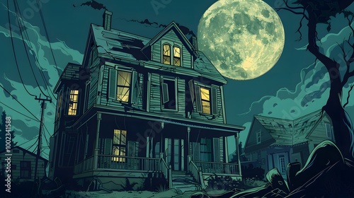 Halloween night scene featuring a spooky castle under a full moon, surrounded by dark trees and a haunted landscape in a cartoonish style