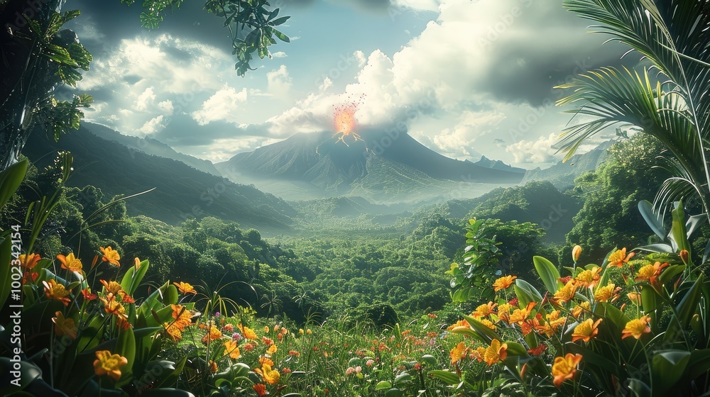 A tropical forest with wild flowers with a volcano erupting in distance. A tropical forest with wild flowers with a volcano erupting in distance.