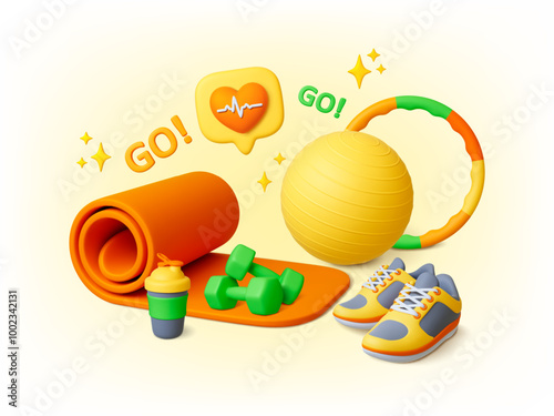 Fitness 3d concept. Sport workout equipment, activity and healthy lifestyle. Sports training banner with realistic render elements, pithy vector design