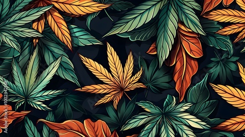 Green Cannabis Leaves Seamless Background. Marijuana Pattern. 