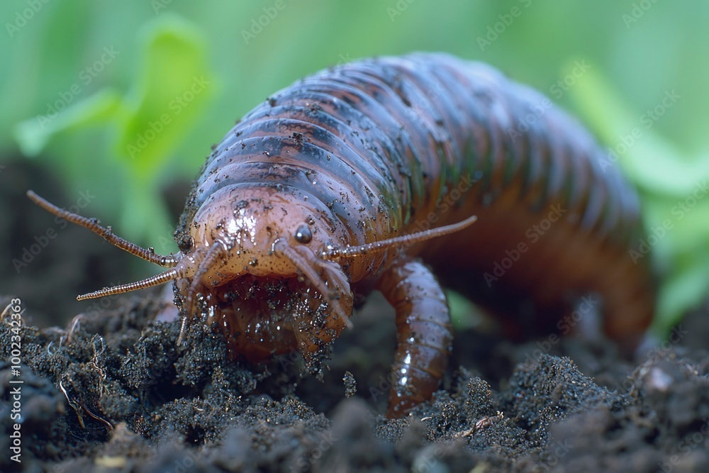 Close-up of a segmented worm crawling on soil Close-up of a segmented worm crawling on soil