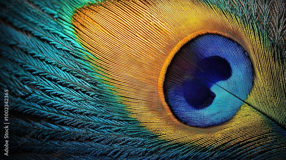 Obraz premium A photo of a peacock's feather with a bright blue and yellow pattern