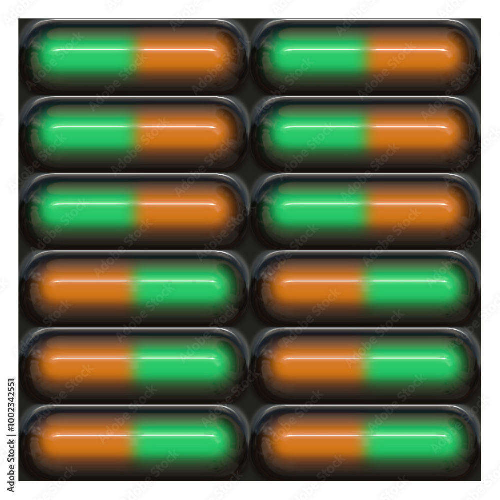 dozen orange & green medicine capsules in a plastic blister pack dozen orange & green medicine capsules in a plastic blister pack
