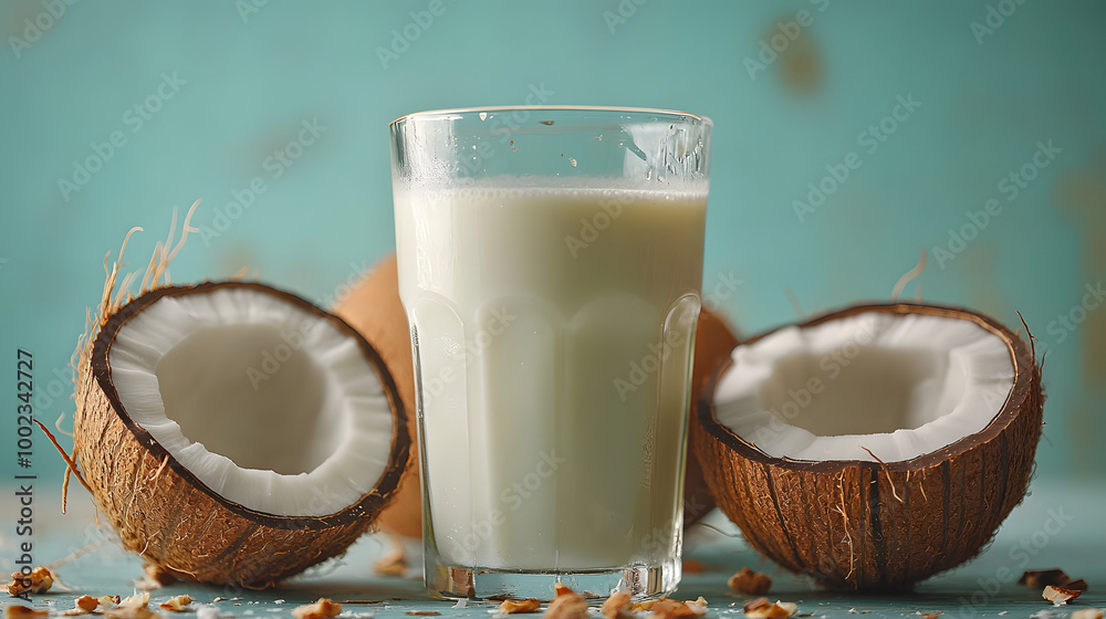 A Glass of Coconut Milk and Half Coconuts on a Light Background
A Glass of Coconut Milk and Half Coconuts on a Light Background