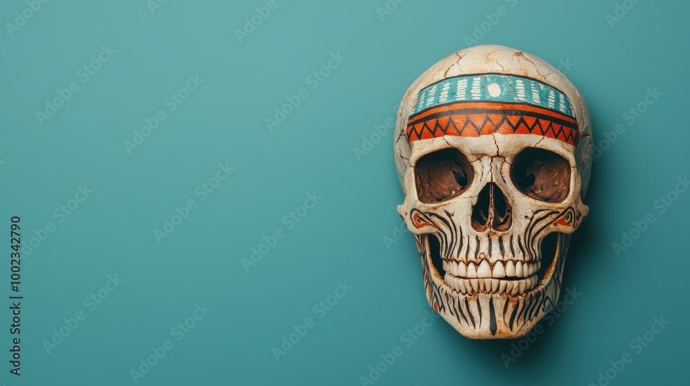 Colorful Skull with Tribal Patterns on a Teal Background Colorful Skull with Tribal Patterns on a Teal Background