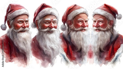 Santa Claus, in his traditional red suit and hat, stands beside a beautifully decorated Christmas tree laden with gifts