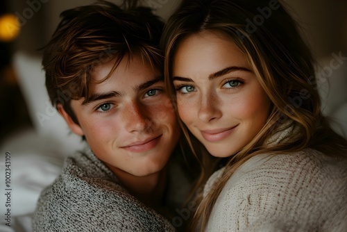 Affectionate young couple at home. A warm, intimate portrait of a young man and woman smiling closely together in a cozy setting.