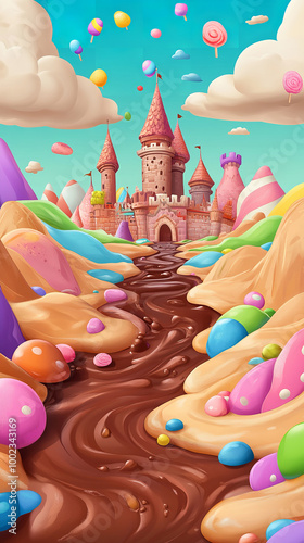 Cartoon candy background with a brown chocolate river. a landscape with colorful hills and clouds photo