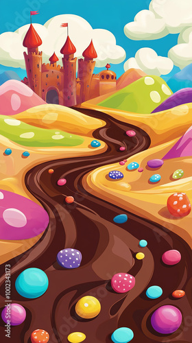 Cartoon candy background with a brown chocolate river. a landscape with colorful hills and clouds photo