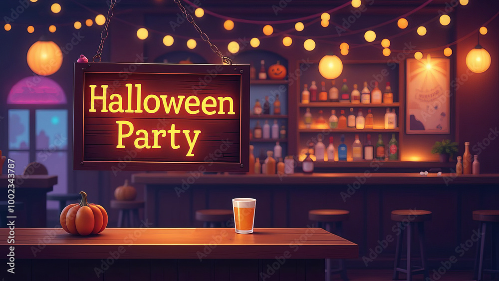 Glowing sign halloween party in a bar. Space for text. Glowing sign halloween party in a bar. Space for text.