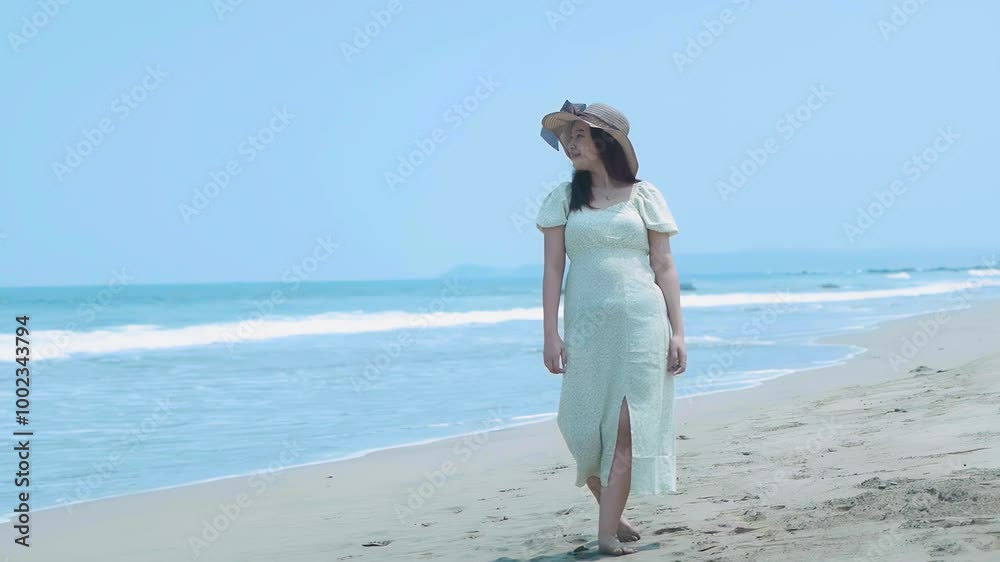 happy young asian woman with straw hat walking on tropical beach. carefree asian woman smiling with ocean in background.summer vacation concept, slow motion happy young asian woman with straw hat walking on tropical beach. carefree asian woman smiling with ocean in background.summer vacation concept, slow motion