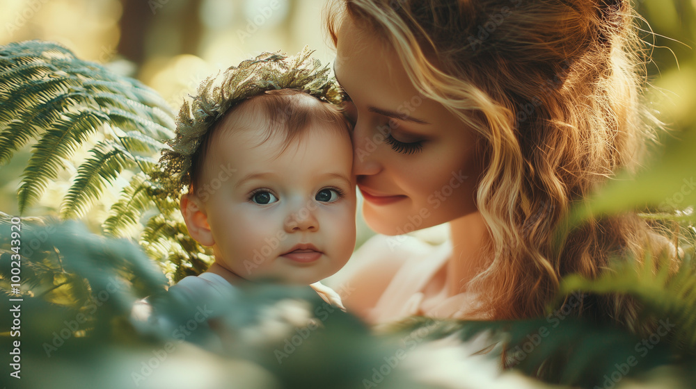 Portrait of Mother with her cute baby in park between fern leaves
Portrait of Mother with her cute baby in park between fern leaves