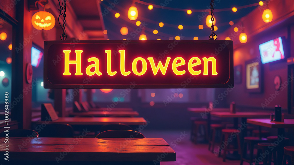 Glowing sign halloween party in a bar. Space for text. Glowing sign halloween party in a bar. Space for text.