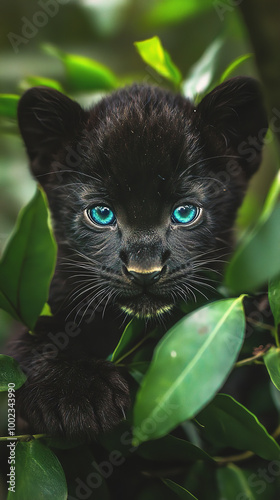 Extreme close-up shot of a macro lens capturing a small black leopard cub with crystal blue eyes with a hint of green photo