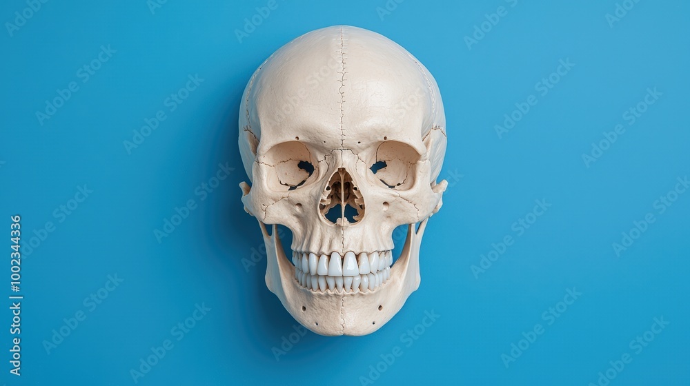 Human Skull on Bright Blue Background for Education Human Skull on Bright Blue Background for Education