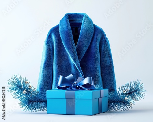 Elegant blue robe with a gift box and holiday decorations, perfect for cozy winter vibes. photo