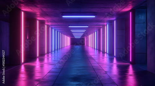 3D Rendering of Neon Lights in a Corridor - Futuristic Sci-Fi Tunnel