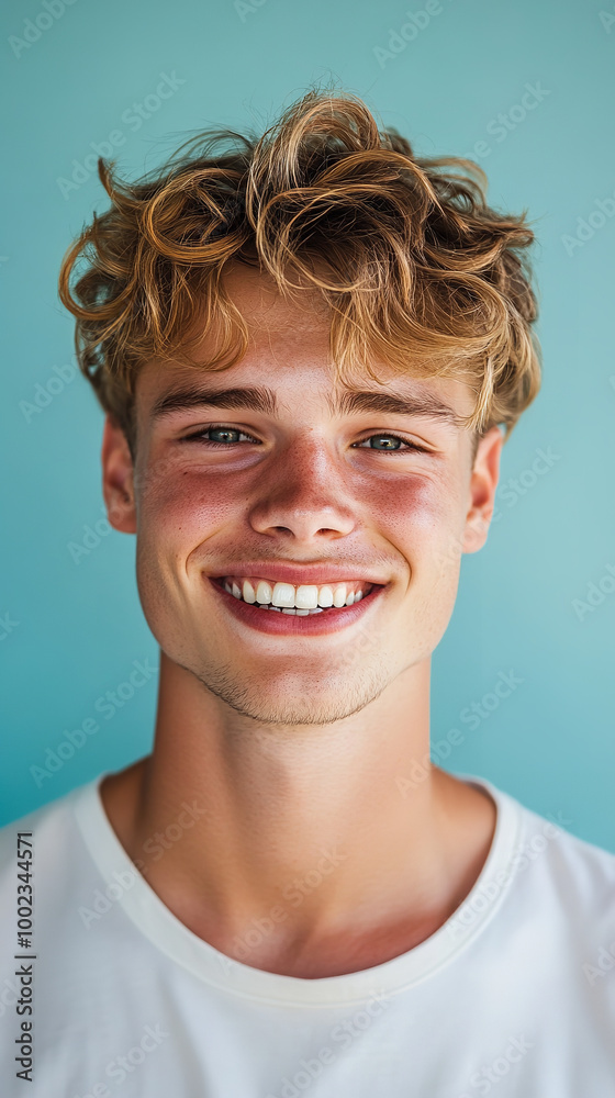 front portrait of a young Caucasian man, smiling, centered, short messy blonde hair, light skin tone, plain light blue background front portrait of a young Caucasian man, smiling, centered, short messy blonde hair, light skin tone, plain light blue background