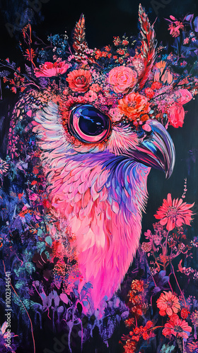 floral owlstrich, a painting, abstract, neon pink photo