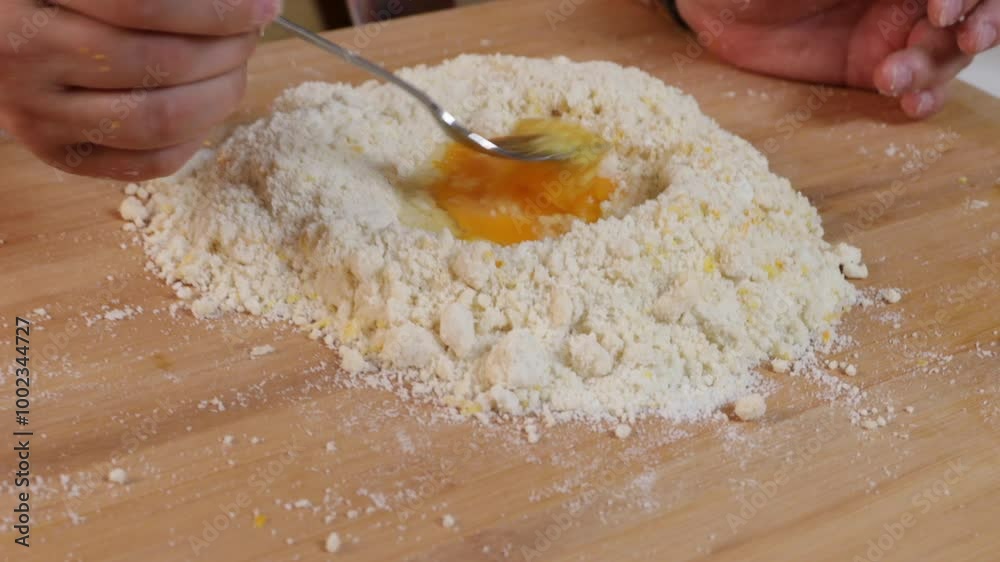 a man mixes egg and flour to make dough a man mixes egg and flour to make dough
