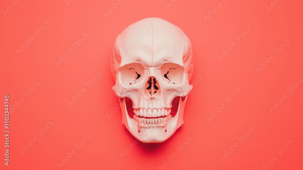 Fototapeta premium Human Skull on Bright Coral Background