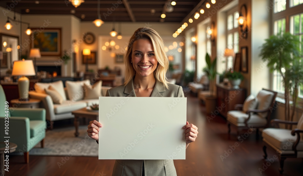 blonde girl in a furniture store with a large white sheet of paper in her hands