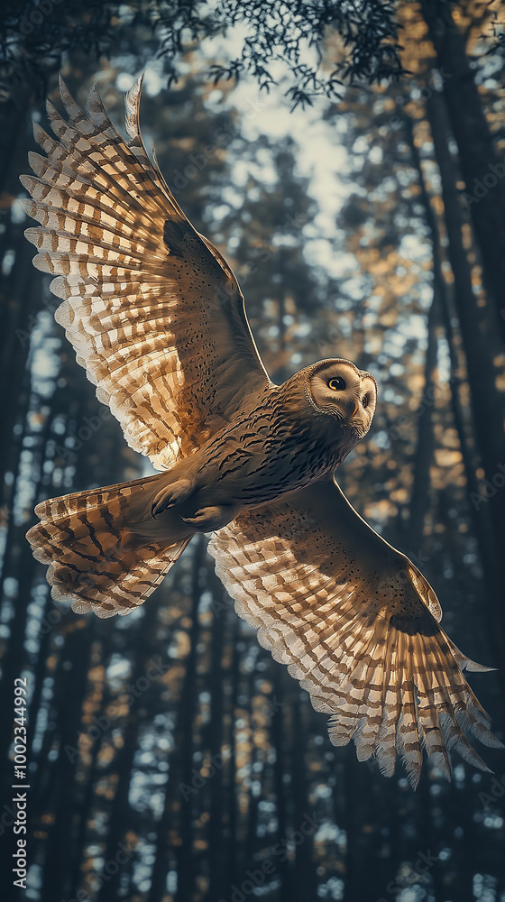 Fototapeta premium illuminated owl hyperion flying through forest