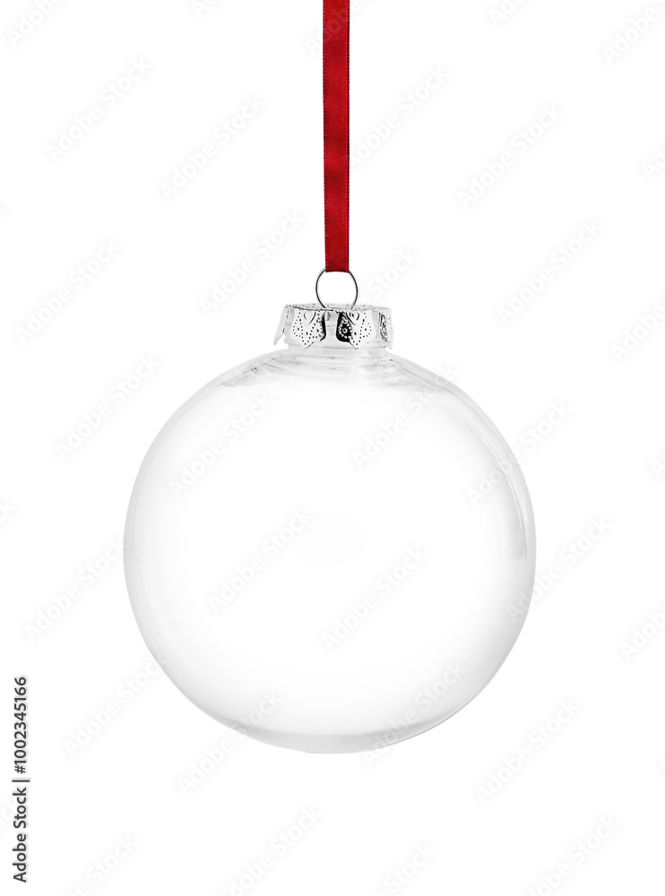 Christmas glass ball with red ribbon highlighted on white background Christmas glass ball with red ribbon highlighted on white background
