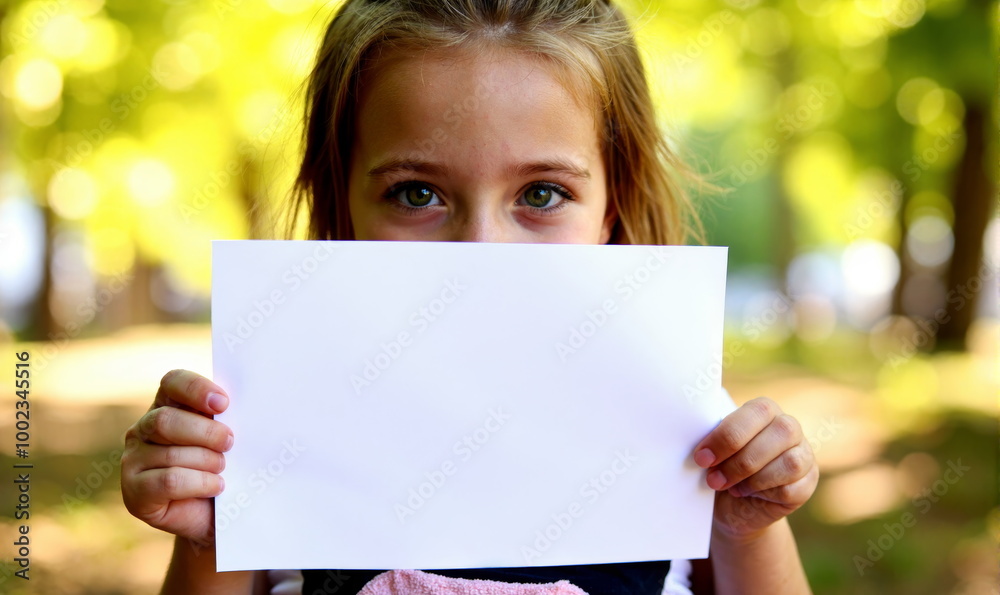 smiling girl 9-10 years old with blond hair holding a white sheet of paper in front of her on a background of green grass smiling girl 9-10 years old with blond hair holding a white sheet of paper in front of her on a background of green grass