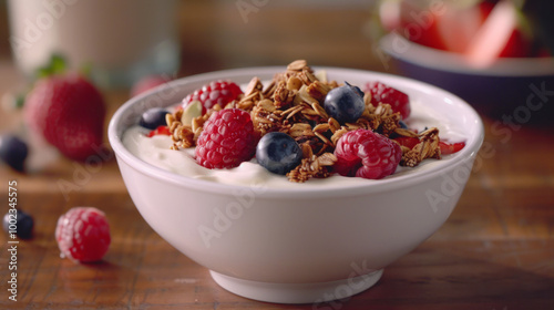 A nutritious bowl of granola topped with fresh raspberries and blueberries, served with milk for a healthy breakfast experience