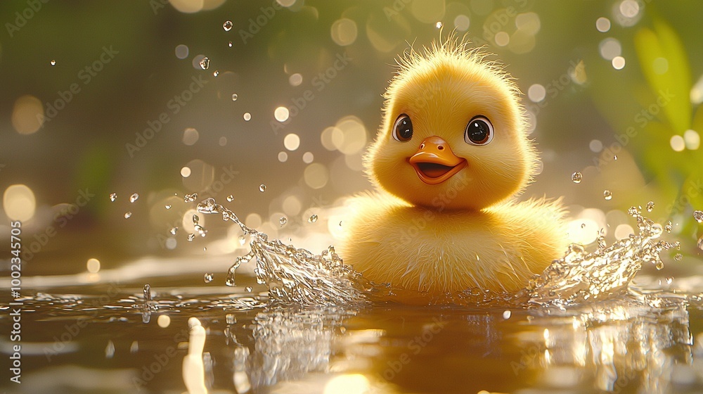 A close-up of a duckling in water with droplets on its feathers A close-up of a duckling in water with droplets on its feathers