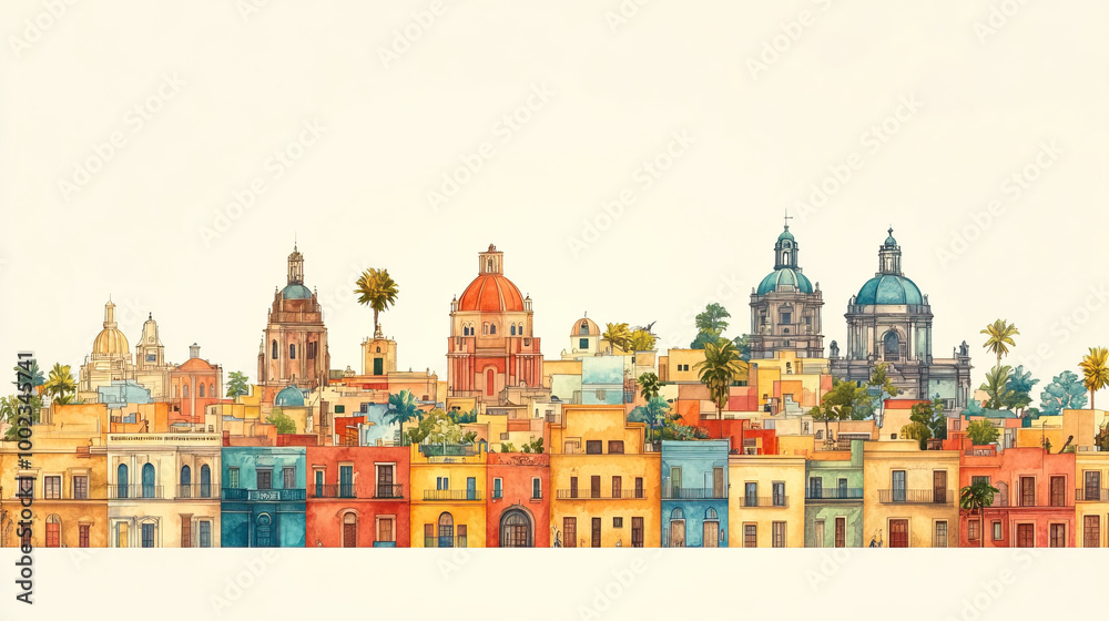 Obraz premium Aguascalientes, Mexico, color pen pencil hand-drawn effect drawing illustration for travel poster, card, wallpaper, backdrop or banner. Modern, clear, artistic and simple