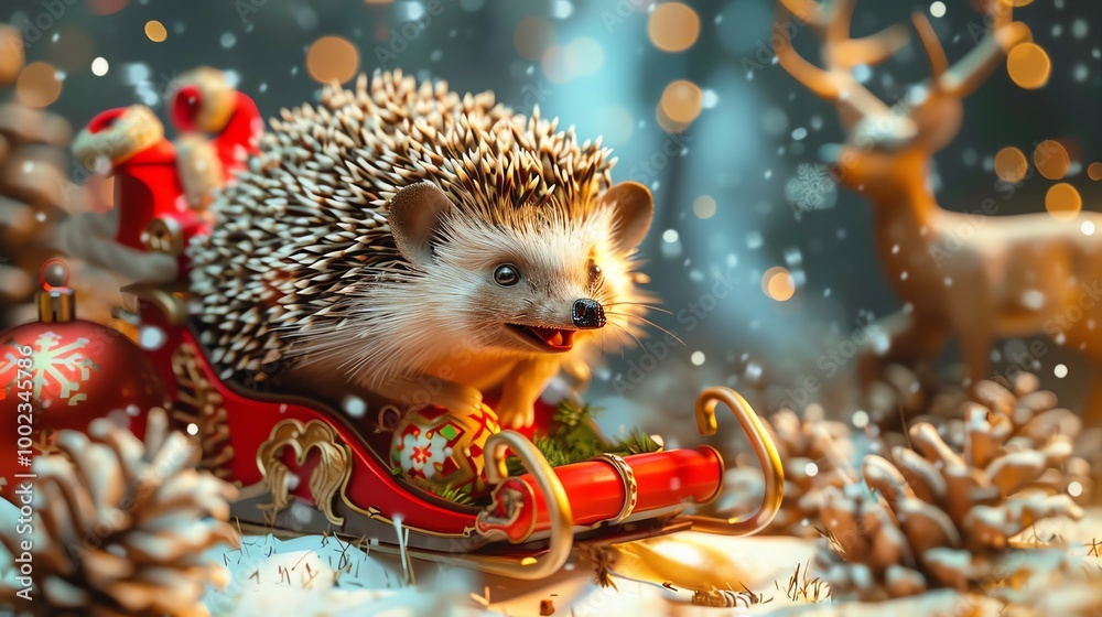 A hedgehog riding in a red sleigh with Christmas ornaments around it.