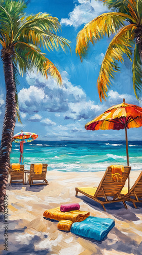 Vibrant beach environments come to life with colorful tropical decor, featuring lush and inviting lounge areas. photo