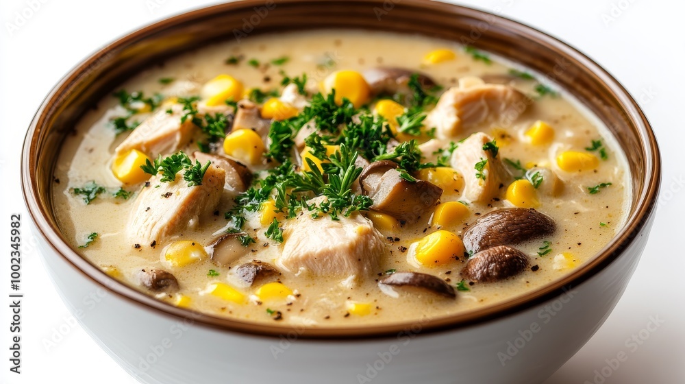 Creamy Chicken Corn Soup With Mushrooms and Herbs in a Bowl on a White Background Creamy Chicken Corn Soup With Mushrooms and Herbs in a Bowl on a White Background