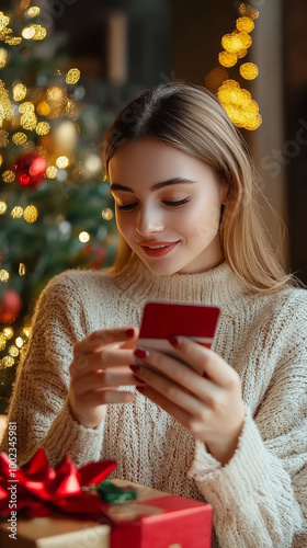 Young woman ordering gift during Christmas holiday at home using smartphone