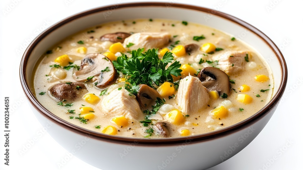 Delicious Creamy Chicken Corn Soup With Mushrooms and Parsley Served in a White Bowl Delicious Creamy Chicken Corn Soup With Mushrooms and Parsley Served in a White Bowl