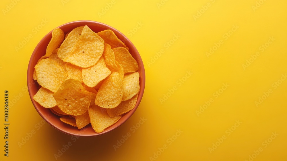Potato chips in a round bowl on a yellow background. Space for text on the left. Top view. The most popular snack. Junk food. Banner with free space for text with generative ai Potato chips in a round bowl on a yellow background. Space for text on the left. Top view. The most popular snack. Junk food. Banner with free space for text with generative ai