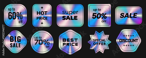 Neon holographic sticker templates, label with holographic effect. Shiny rainbow emblems Sale, up to 50 off, 40 , 60 , 70 , Discount, best price, special offer. Isolated Vector Illustration