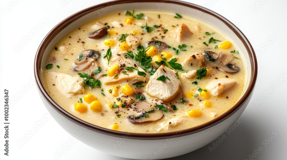 Creamy Chicken Soup With Mushrooms and Corn in a White Bowl Garnished With Parsley Creamy Chicken Soup With Mushrooms and Corn in a White Bowl Garnished With Parsley